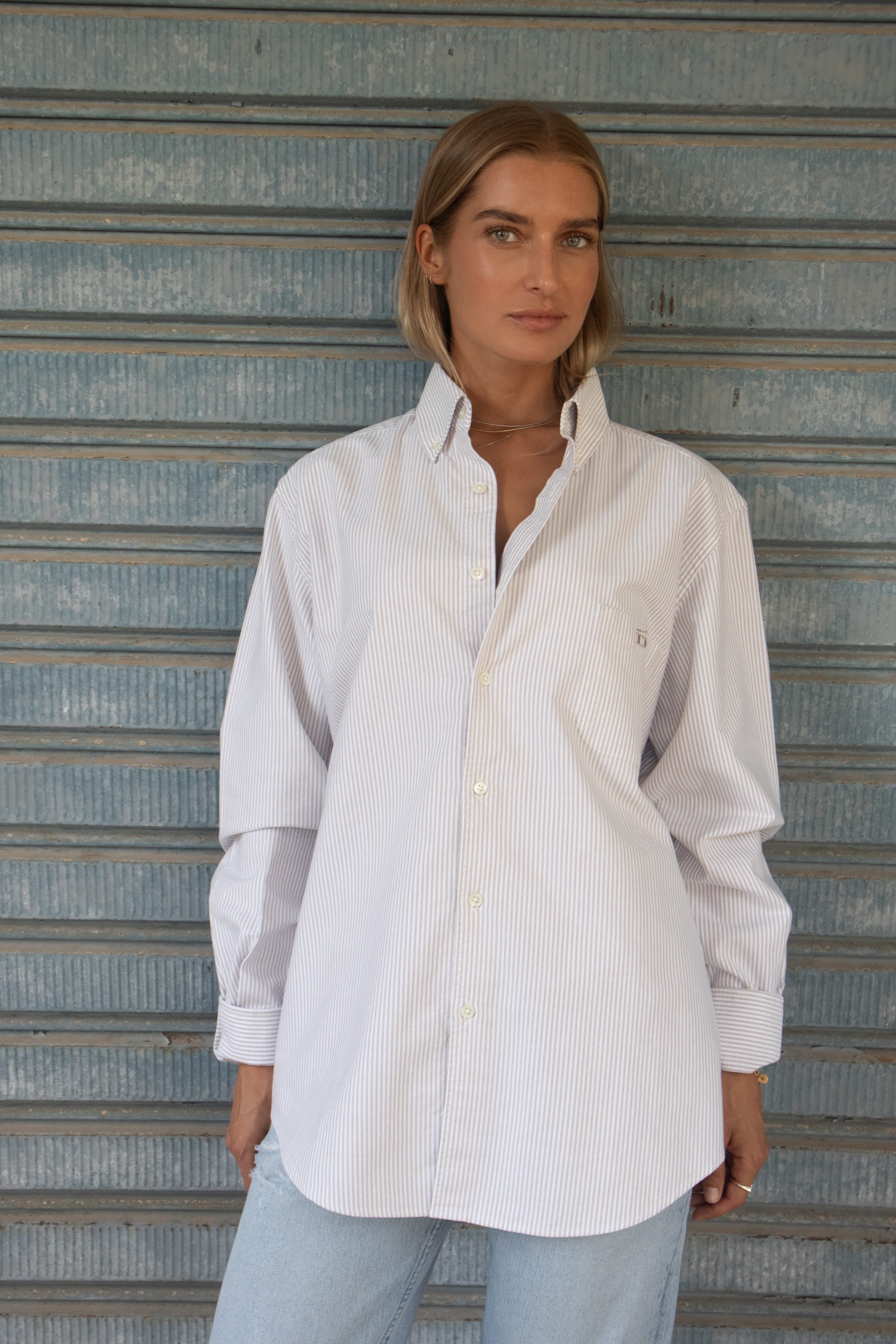 D-Brand, Blouses, Pinstriped Oxford Shirt, PINSTRIPE ALMOND, Braun, 217001, 217001-253